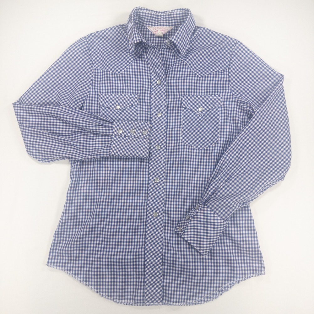 Vintage H Bar C California 1970s Western Shirt Blue Plaid Pearl Snap Cowgirl